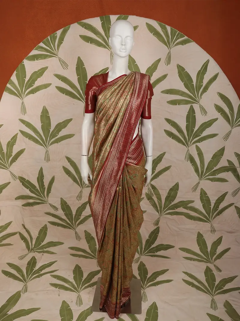 Olive Green Traditional Motif Design Pure Banarasi Silk Fancy Saree With Contrast Designer Border 1