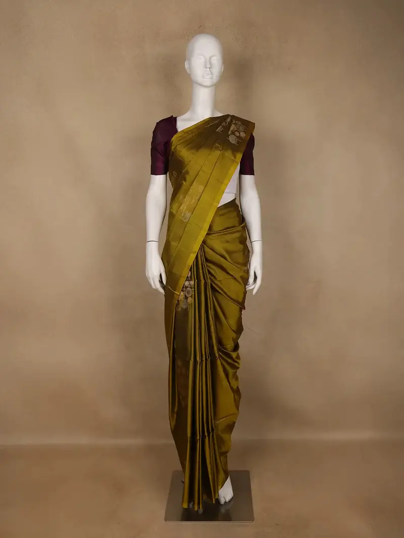 Olive Green With Contrast Purple Zari Woven Pure Kanchipuram Silk Saree 1