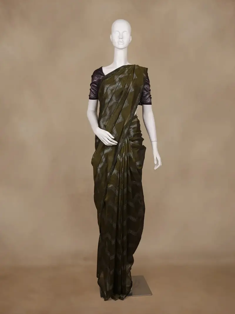 Olive Green Zigzag Woven Kota Cotton Saree 1