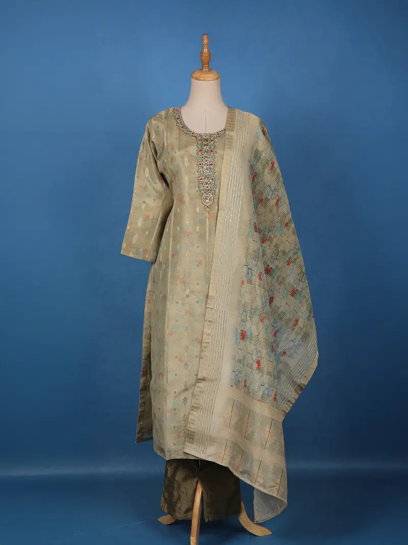Olive Grey Embroidered Tussar Silk Straight Cut Salwar Suit With Woven Dupatta 1
