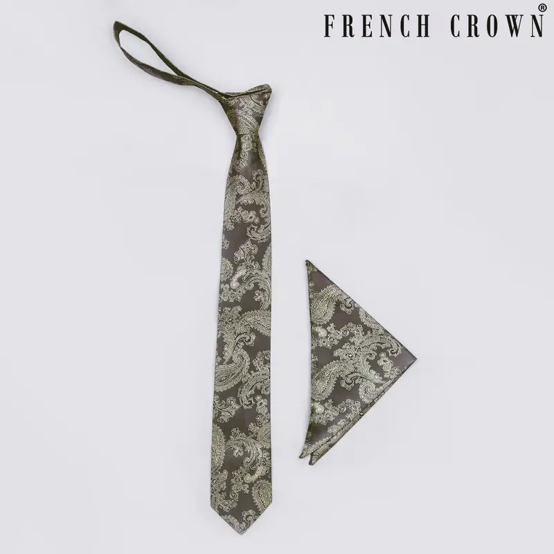 Olive Grey Paisley Jacquard Tie With Free Pocket Square 1