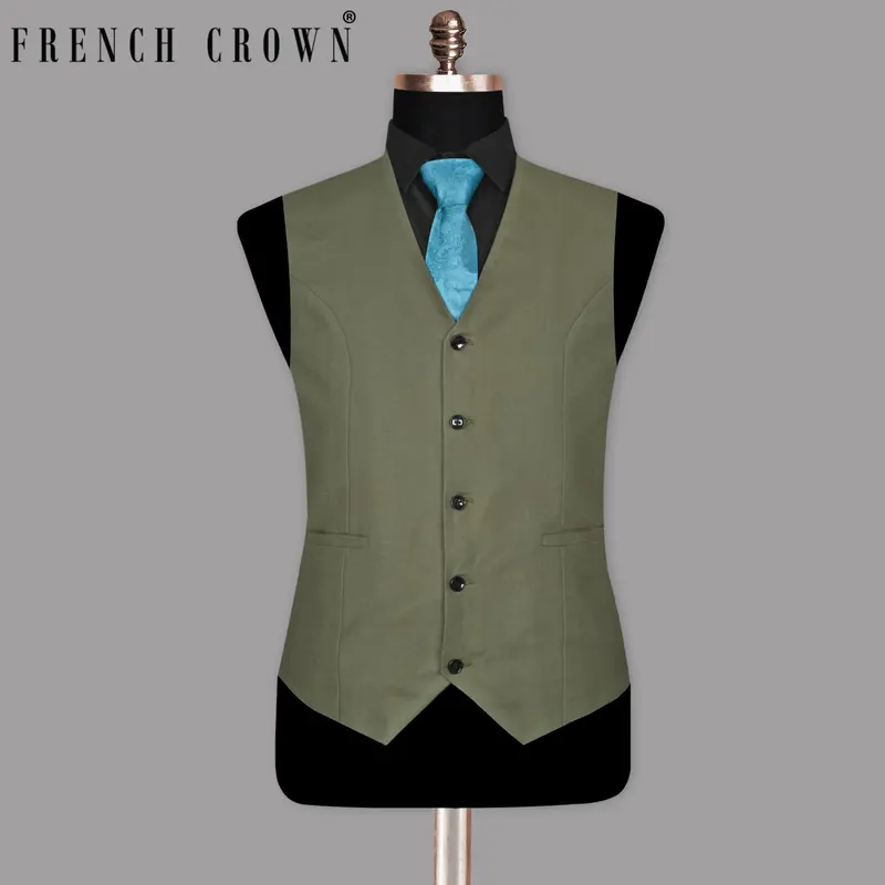 Olive Luxurious Linen  Waistcoat 1