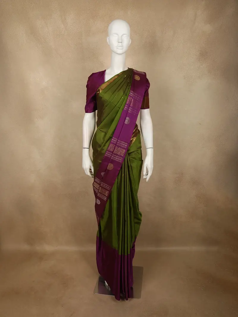 Olive Moss Green Butta Zari Woven Design Pure Kanchipuram Silk Saree With Contrast Traditional Zari Border 1