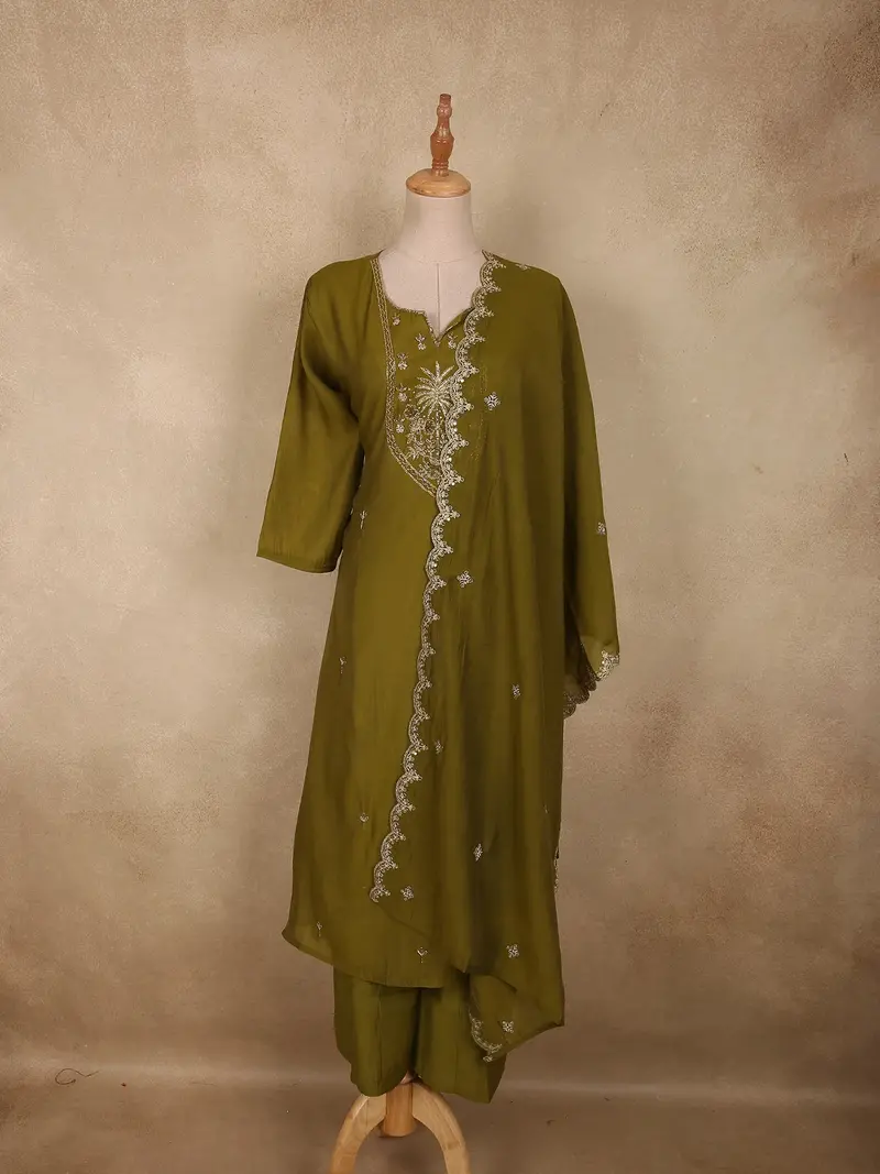 Olive Moss Green Floral Beads Embroidered Design Cotton Palazzo Suit With Dupatta 1