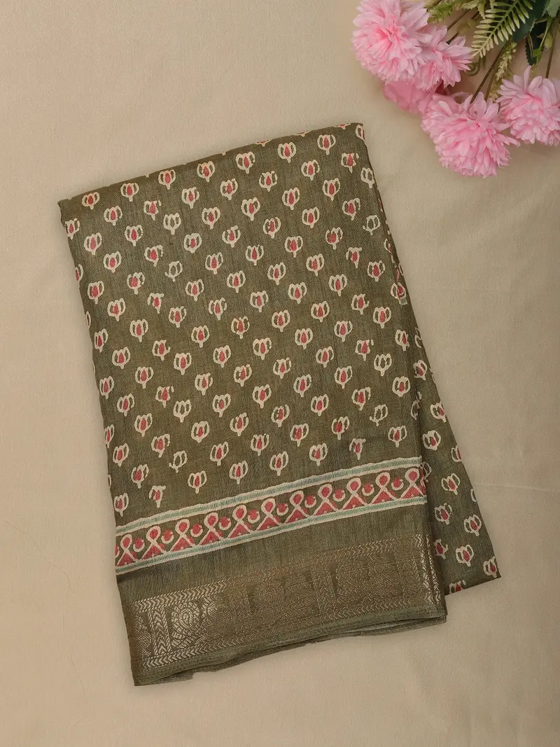 Olive Moss Green Floral Butta Printed Design Mixed Cotton Saree 1