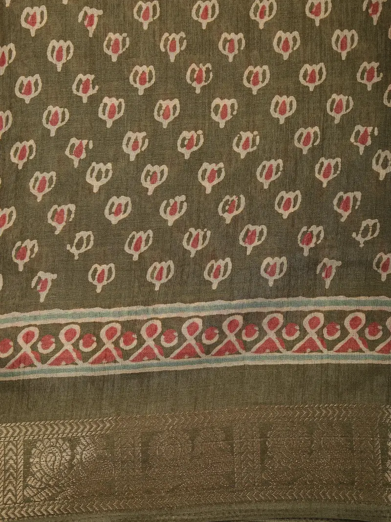 Olive Moss Green Floral Butta Printed Design Mixed Cotton Saree 2