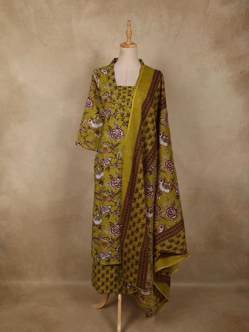 Olive Moss Green Floral Printed Design Cotton Salwar Suit With Dupatta 1