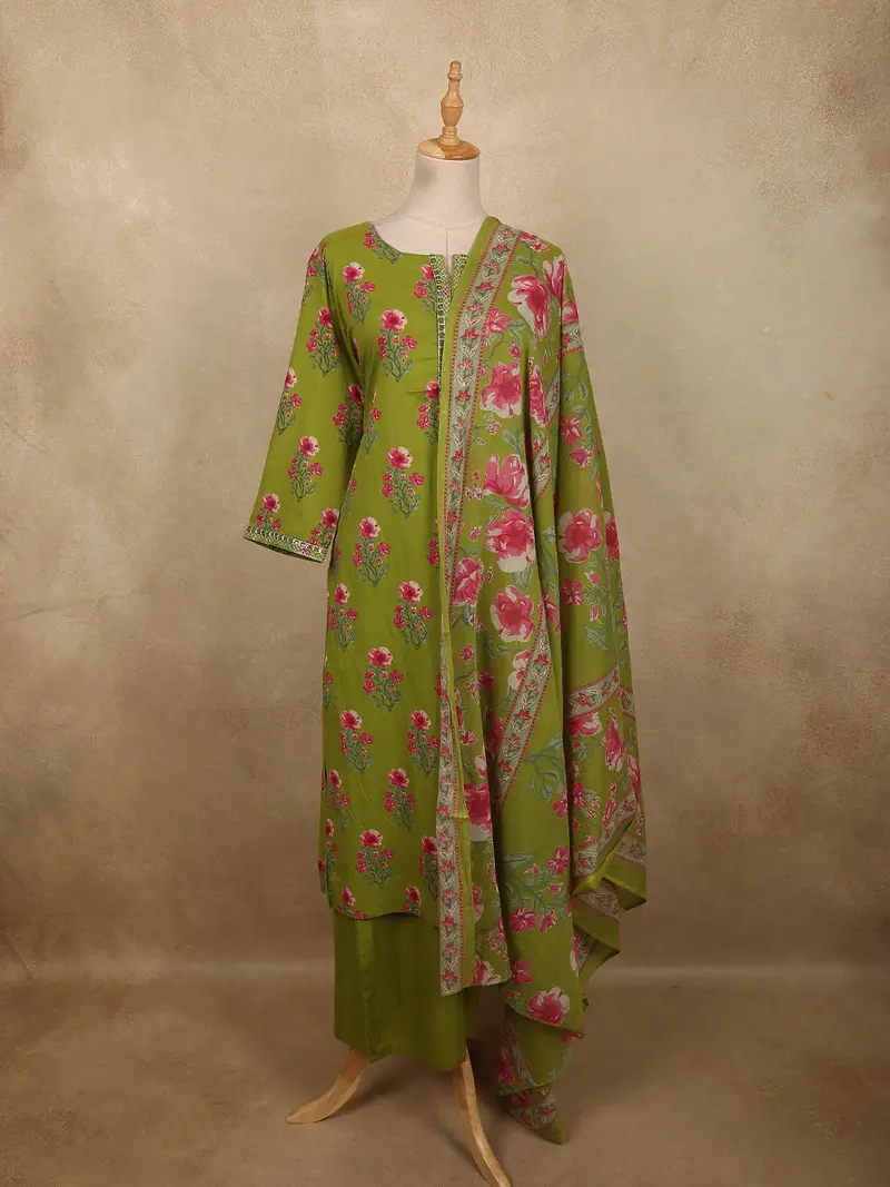 Olive Moss Green Floral Printed Design Cotton Salwar Suit With Dupatta 1