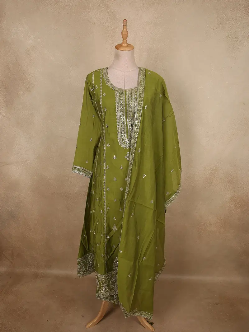 Olive Moss Green Floral Zari Embroidered Design Tissue Silk Salwar Suit With Dupatta 1