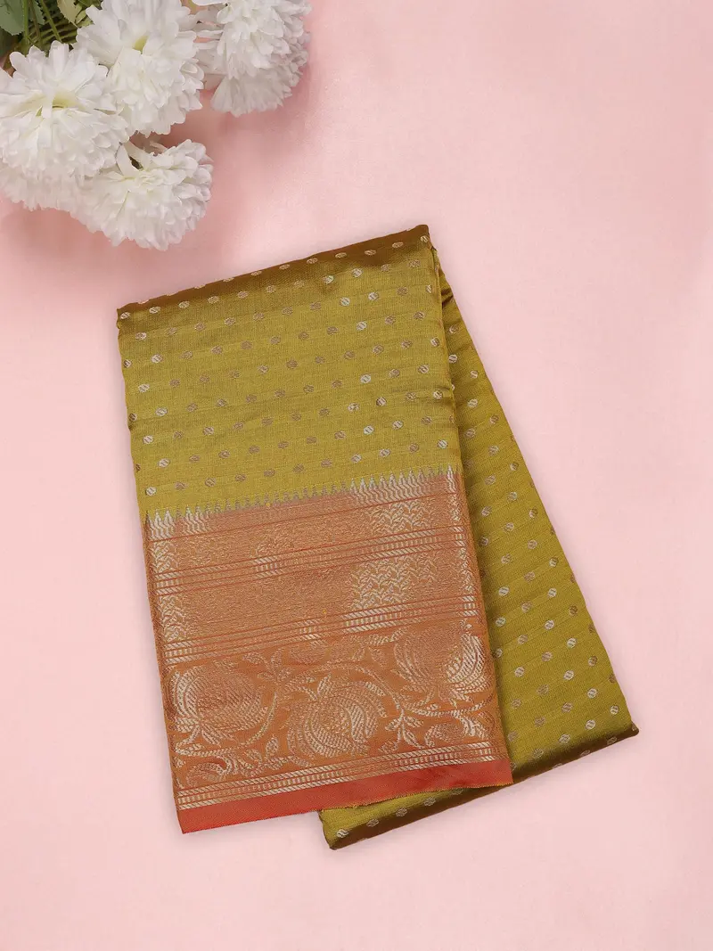 Olive Mustard Green Butta Zari Woven Design Semi Silk Saree With Contrast Floral Border 1