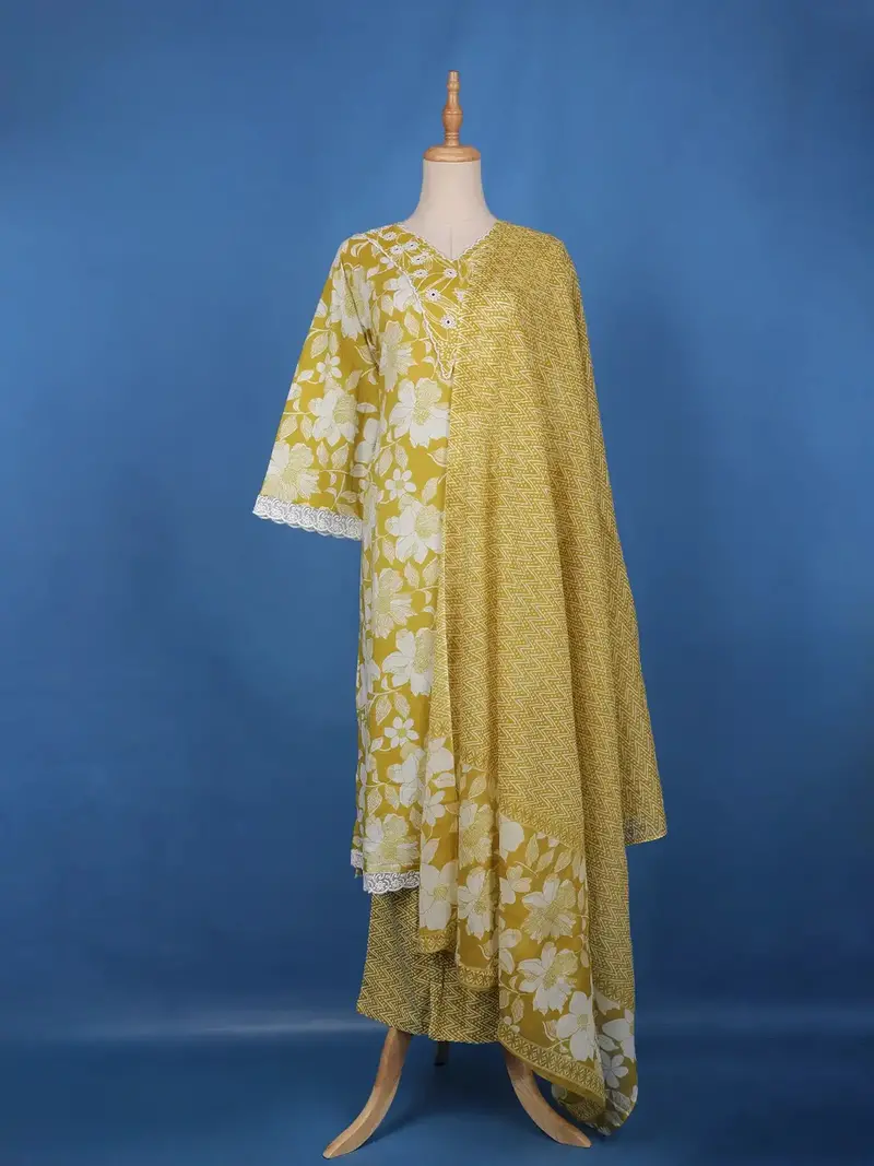Olive Mustard Yellow Floral Design Printed Cotton Salwar Suit 1