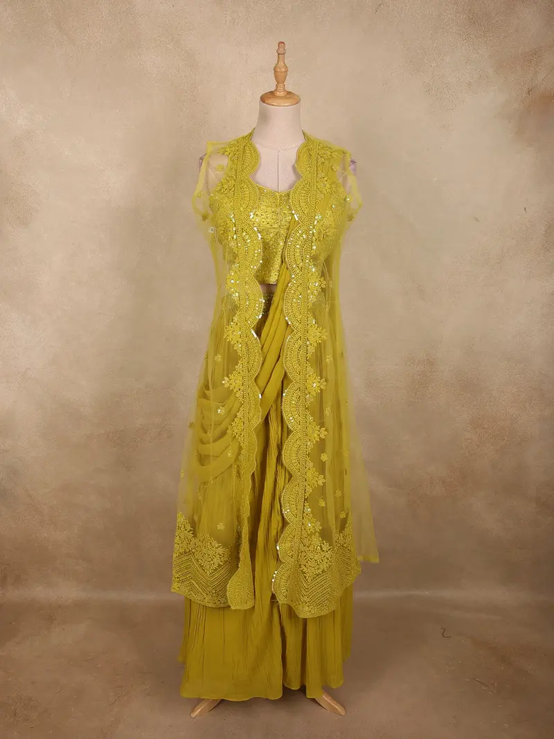 Olive Mustard Yellow Thread Embroidered Design Net Ready To Wear Saree With Over Coat 1