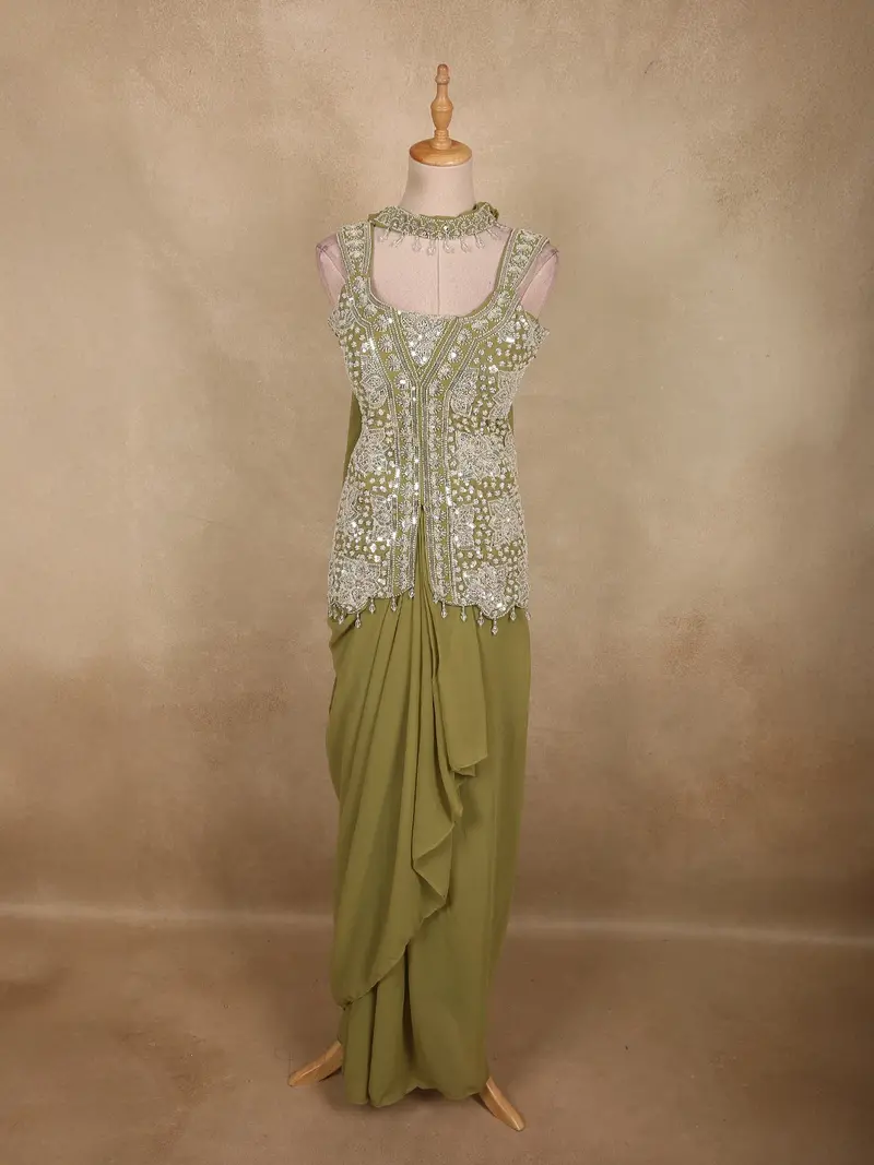 Olive Pistachio Green Floral Beads Embroidered Design Georgette Skirt Top With Choker Dupatta 1
