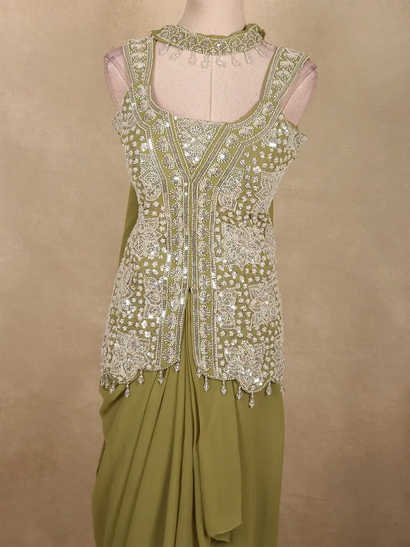 Olive Pistachio Green Floral Beads Embroidered Design Georgette Skirt Top With Choker Dupatta 2