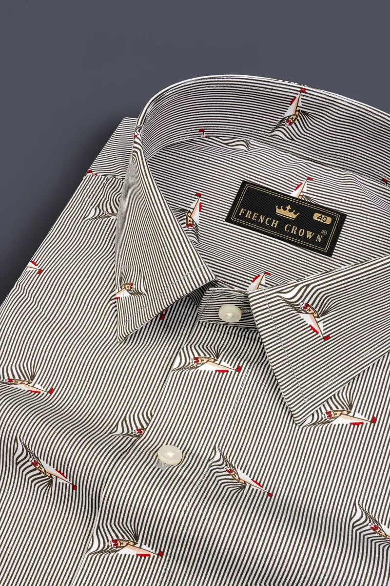 Olive Striped With Boat Printed Premium Cotton Shirt 1