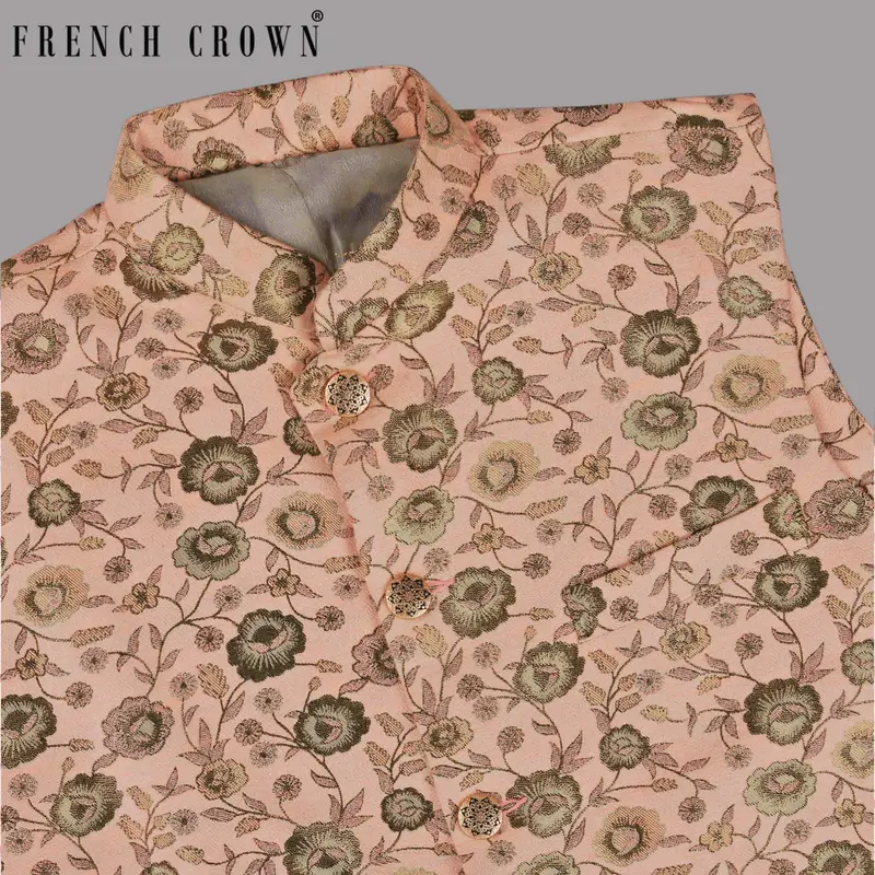 Olive With Cream And Pink Rose Jacquard Premium Designer Nehru Jacket 1