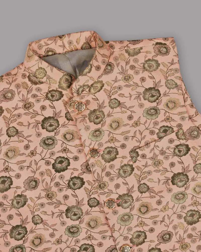 Olive With Cream And Pink Rose Jacquard Premium Designer Nehru Jacket 2