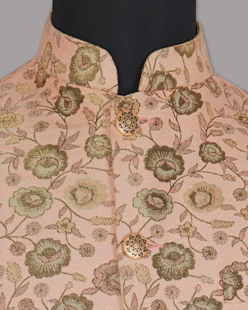 Olive With Cream And Pink Rose Jacquard Premium Designer Nehru Jacket 4