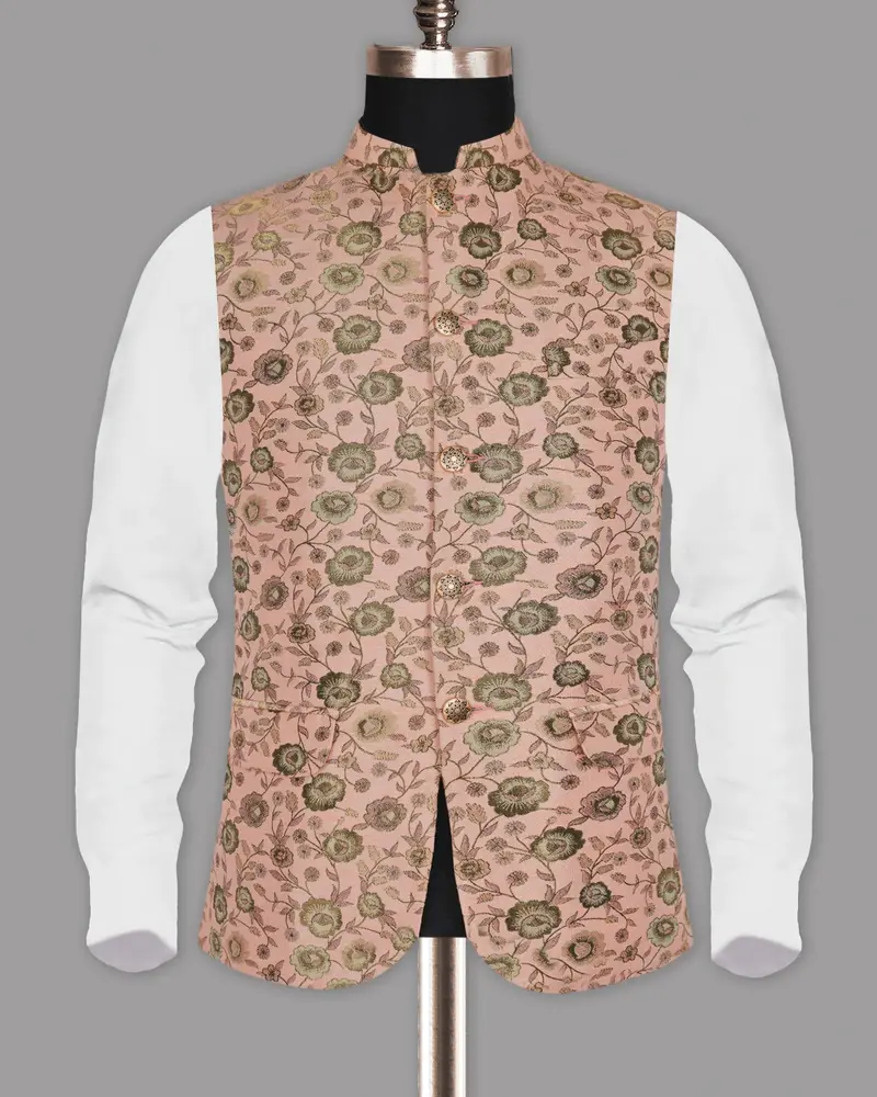 Olive With Cream And Pink Rose Jacquard Premium Designer Nehru Jacket 5