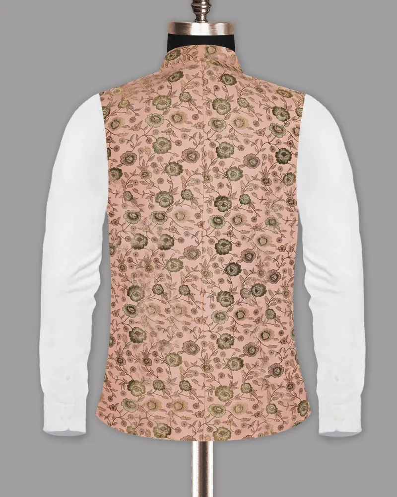 Olive With Cream And Pink Rose Jacquard Premium Designer Nehru Jacket 6