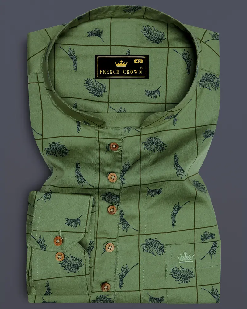 Olivine Green Windowpane With Feather Printed Super Soft Premium Cotton Kurta Shirt 1