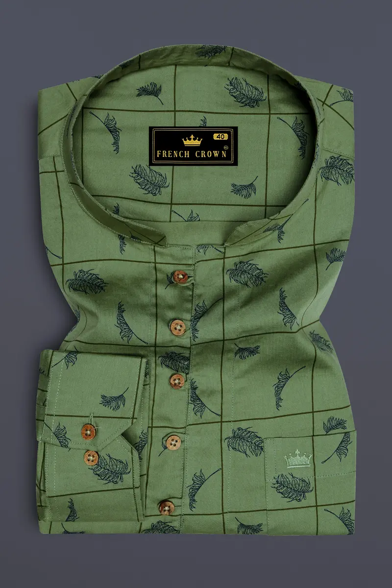 Olivine Green Windowpane With Feather Printed Super Soft Premium Cotton Kurta Shirt 2