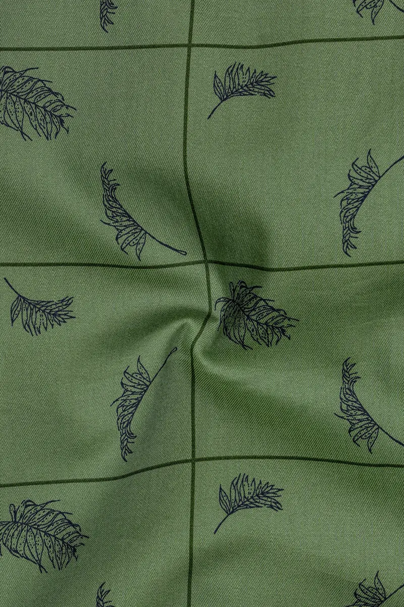 Olivine Green Windowpane With Feather Printed Super Soft Premium Cotton Kurta Shirt 3