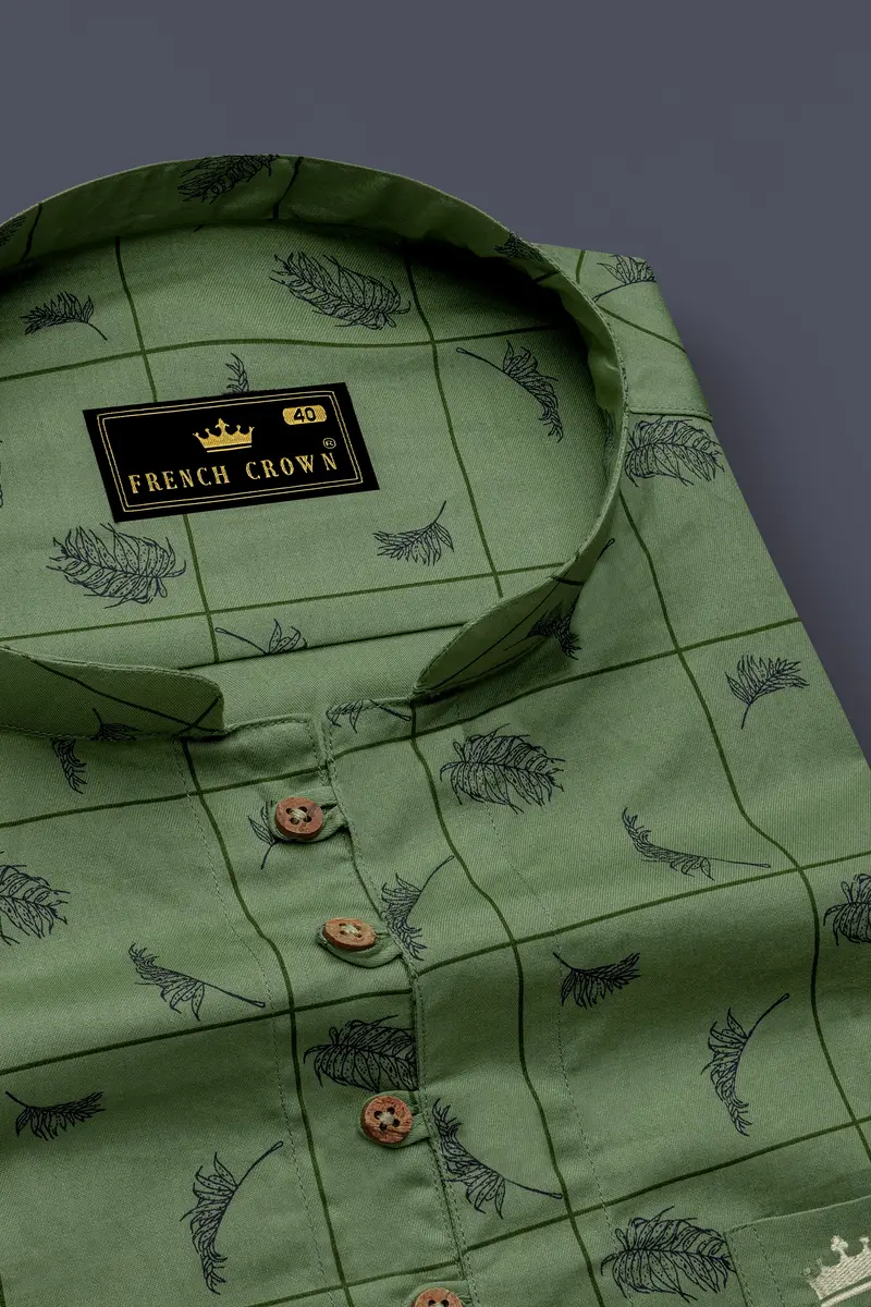 Olivine Green Windowpane With Feather Printed Super Soft Premium Cotton Kurta Shirt 4