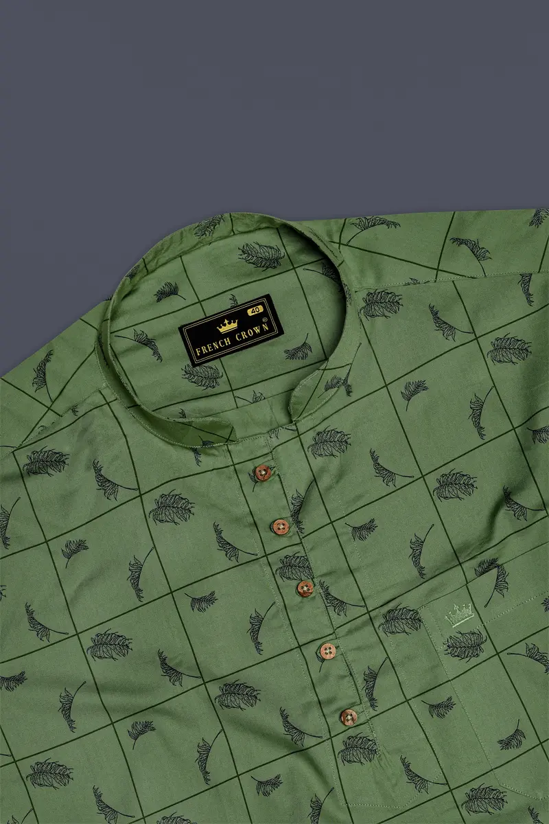 Olivine Green Windowpane With Feather Printed Super Soft Premium Cotton Kurta Shirt 5