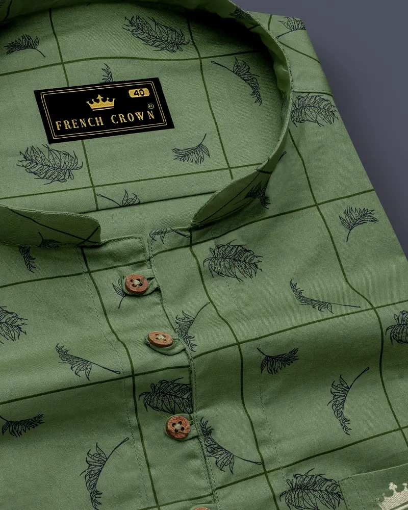 Olivine Green Windowpane With Feather Printed Super Soft Premium Cotton Kurta Shirt 6