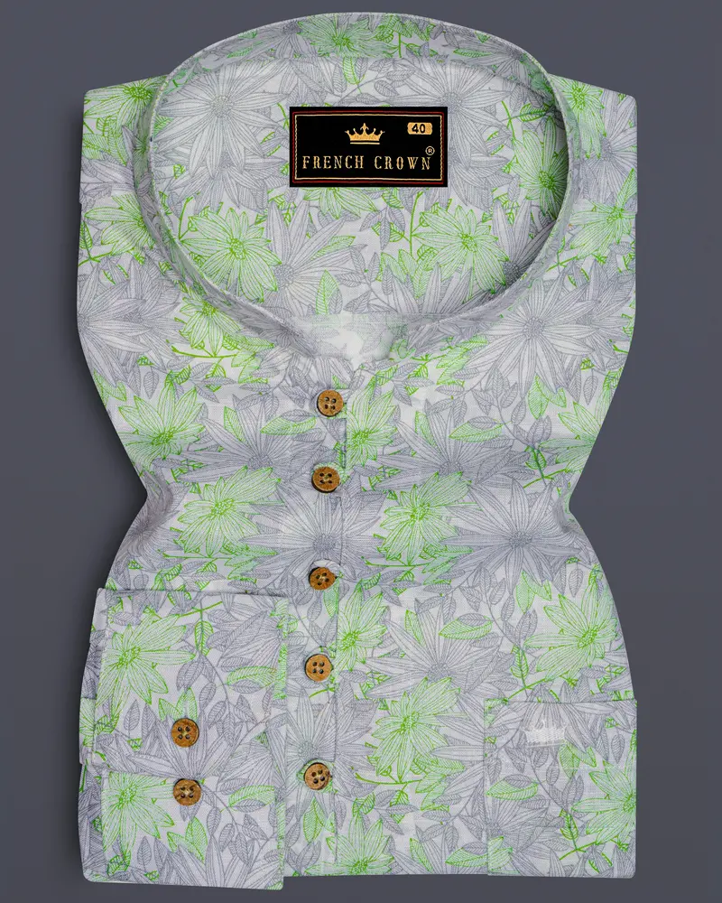 Olivine Green With White Floral Printed Luxurious Linen Kurta Shirt 1