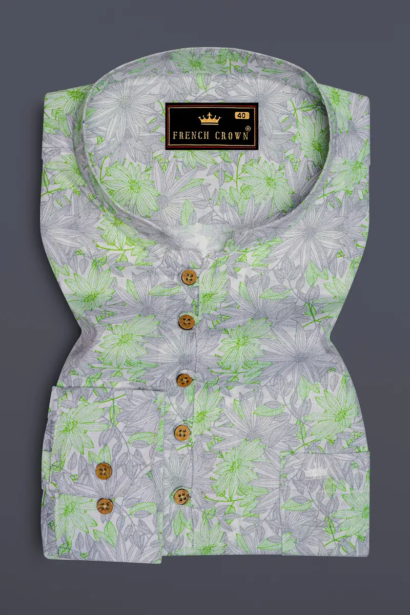 Olivine Green With White Floral Printed Luxurious Linen Kurta Shirt 2