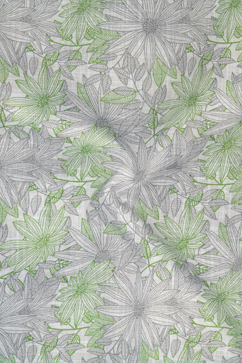Olivine Green With White Floral Printed Luxurious Linen Kurta Shirt 3