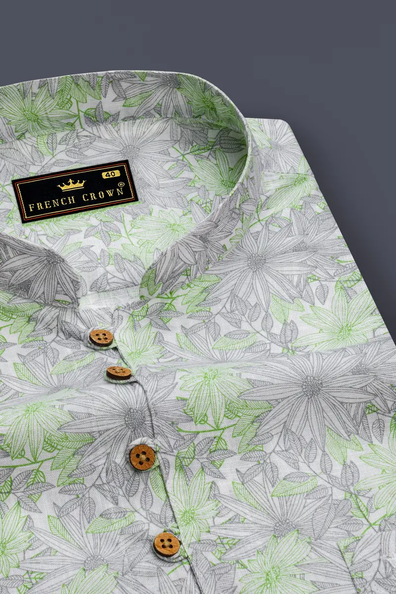 Olivine Green With White Floral Printed Luxurious Linen Kurta Shirt 4