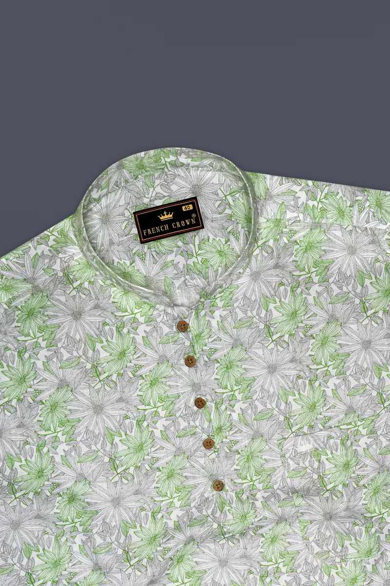 Olivine Green With White Floral Printed Luxurious Linen Kurta Shirt 5