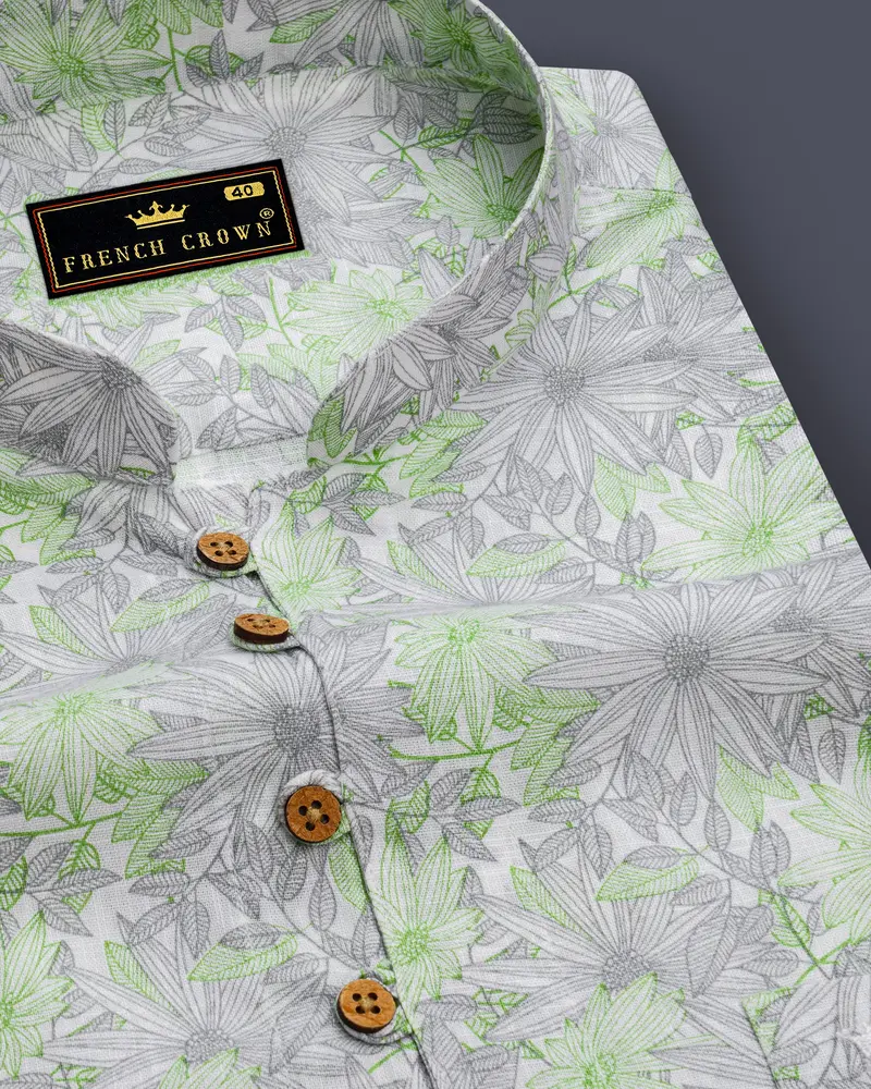 Olivine Green With White Floral Printed Luxurious Linen Kurta Shirt 6