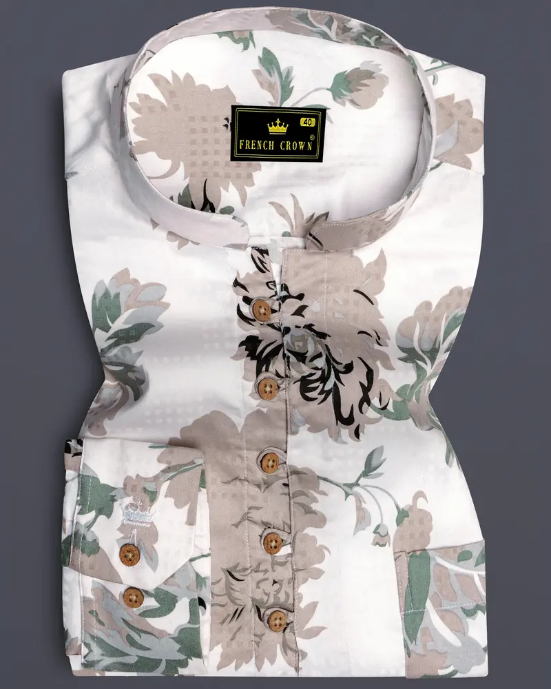 Olvoro-Bright White And Battleship Green Vintage Floral Printed Dobby Premium Giza Cotton Casual Kurta Shirt 1