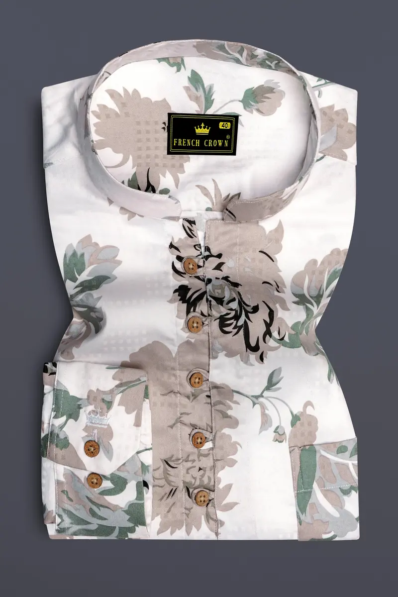 Olvoro-Bright White And Battleship Green Vintage Floral Printed Dobby Premium Giza Cotton Casual Kurta Shirt 2