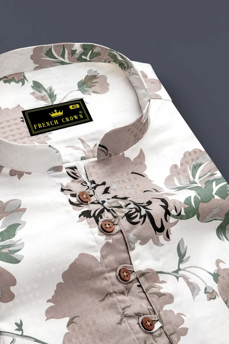 Olvoro-Bright White And Battleship Green Vintage Floral Printed Dobby Premium Giza Cotton Casual Kurta Shirt 4