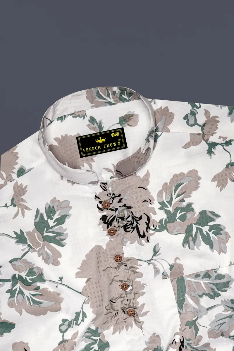 Olvoro-Bright White And Battleship Green Vintage Floral Printed Dobby Premium Giza Cotton Casual Kurta Shirt 5