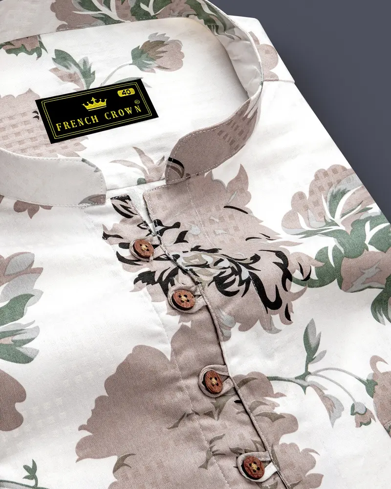 Olvoro-Bright White And Battleship Green Vintage Floral Printed Dobby Premium Giza Cotton Casual Kurta Shirt 6