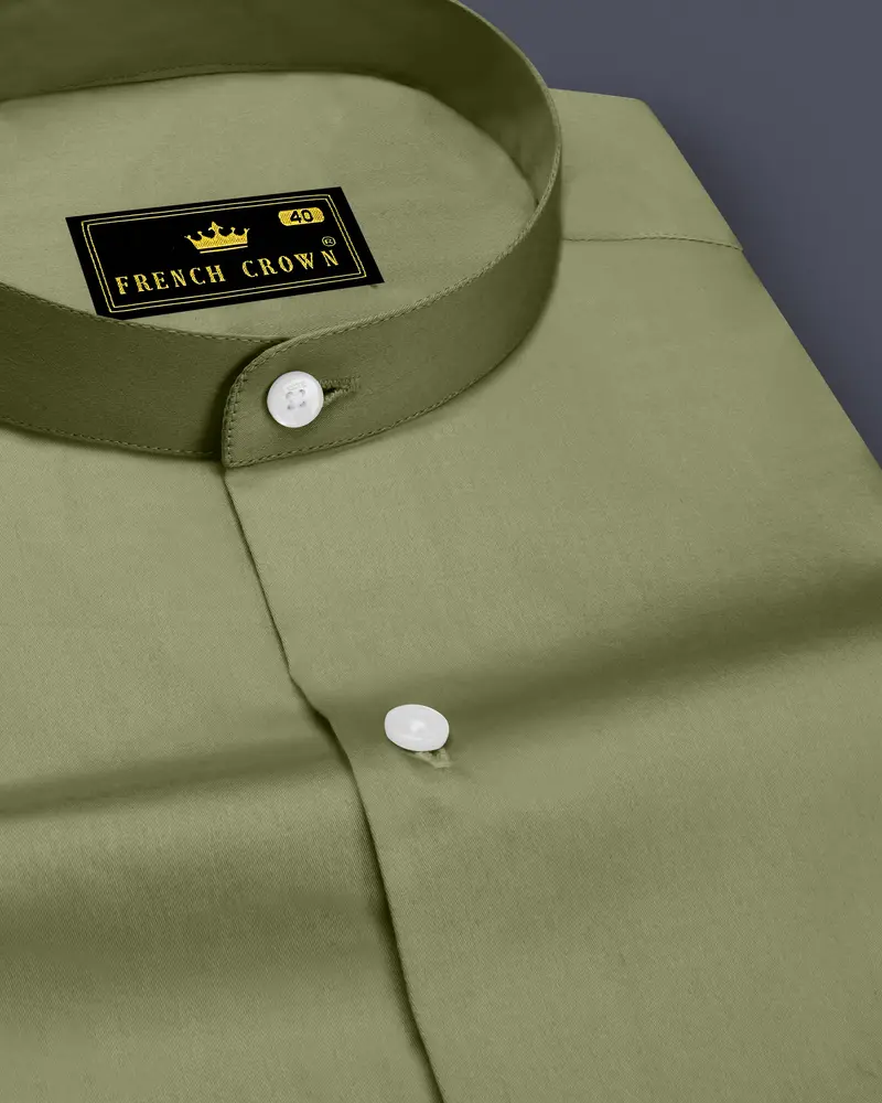 Olvoro-Flex Smoke Green Subtle Sheen Super Soft Premium Cotton Mandarin Dress Shirt 1