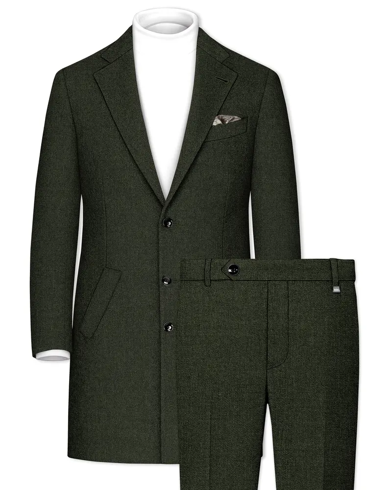 Olvoro-Rifle Green Textured Tweed Single Breasted Overcoat With Pant 1