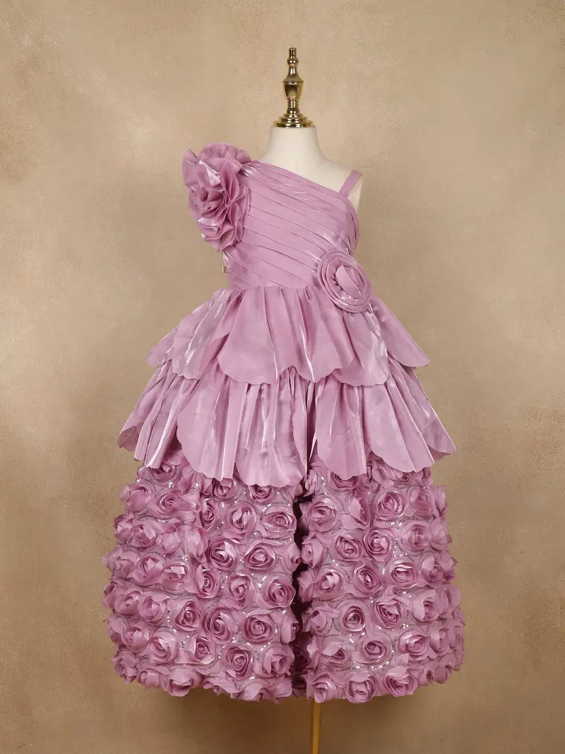 Onion Pink 3D Floral Layered One-Shoulder Satin Kids Gown 1