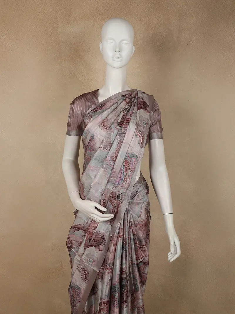 Onion Pink Abstract Printed Design Semi Tussar Fancy Saree 2