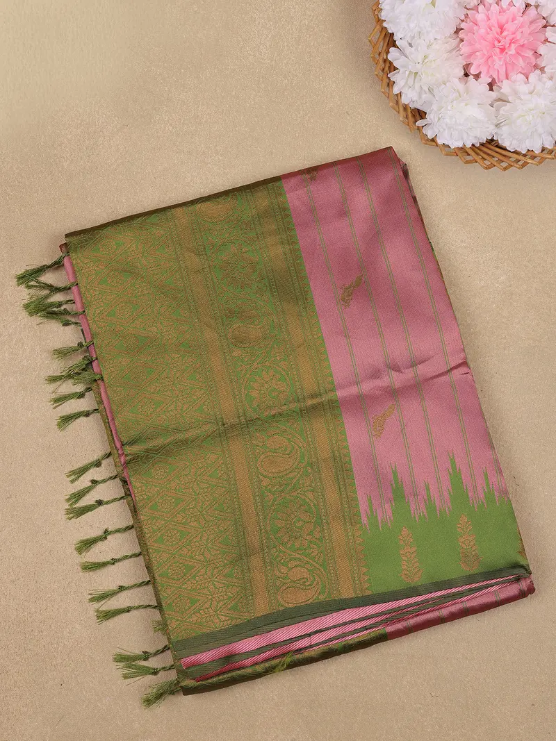 Onion Pink And Green Woven Art Silk Saree With Paisley Zari Border 1