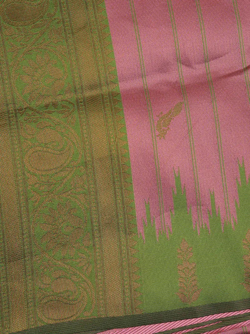 Onion Pink And Green Woven Art Silk Saree With Paisley Zari Border 2