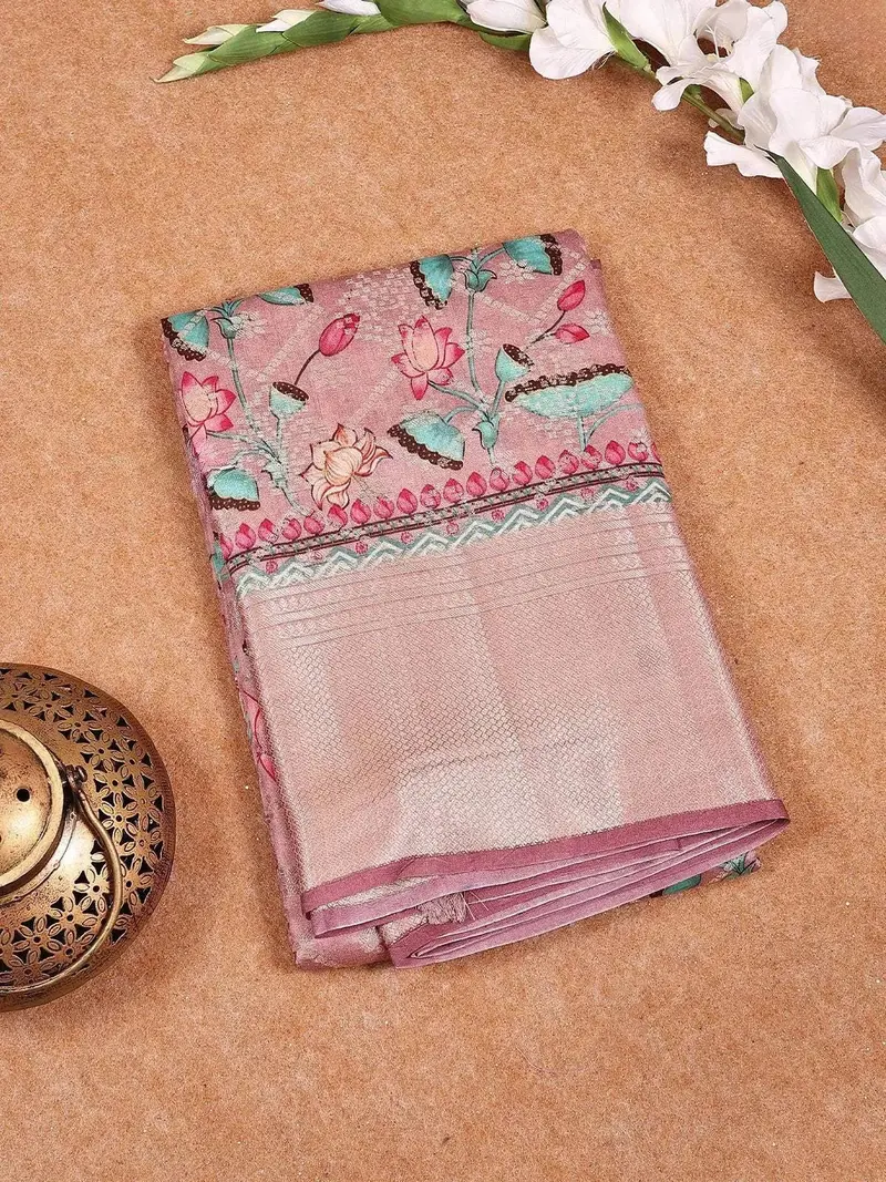 Onion Pink Banarasi Saree With Floral Design On The Body With Matching Border 1