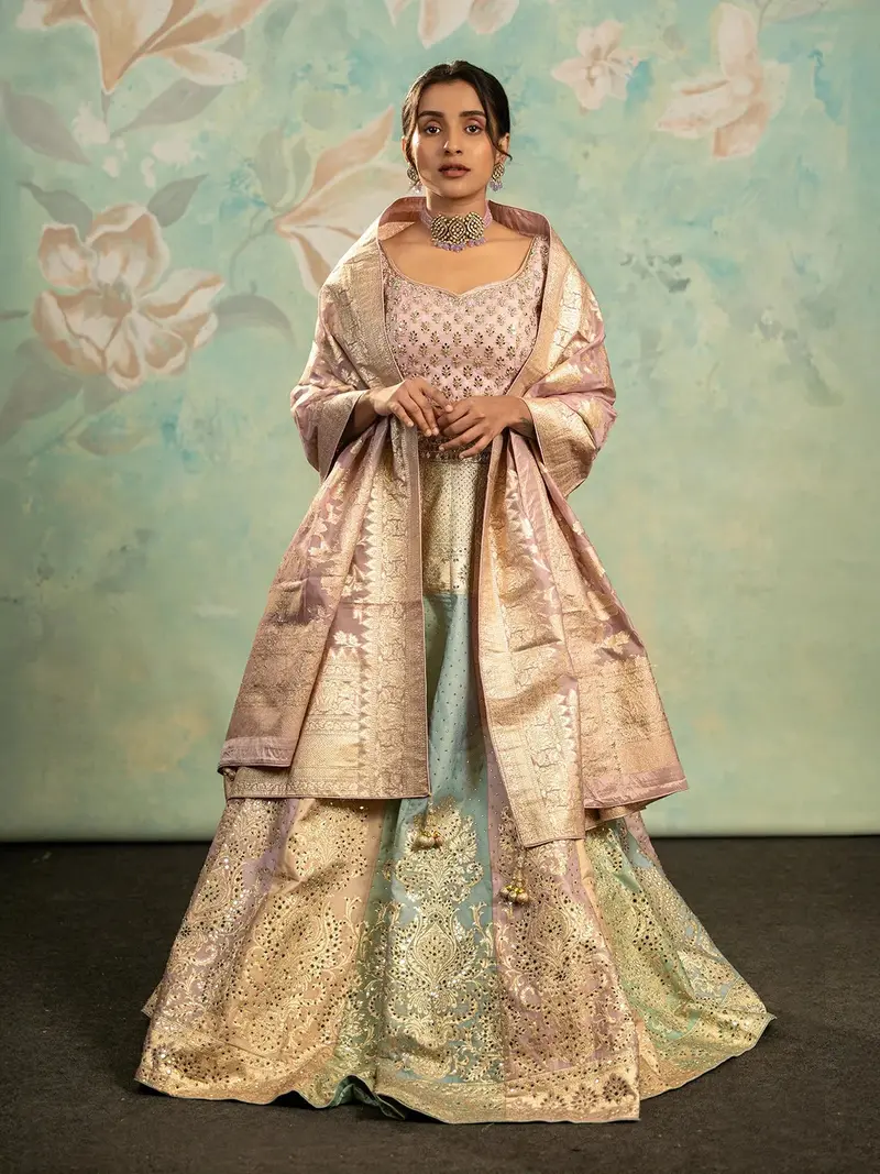 Onion Pink Banarasi Silk Mirror Work Bridesmaids Lehenga 1