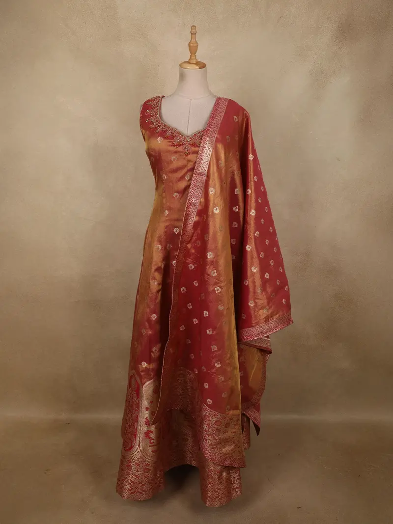 Onion Pink Butta Zari Woven Design Tissue Silk Gown With Dupatta 1